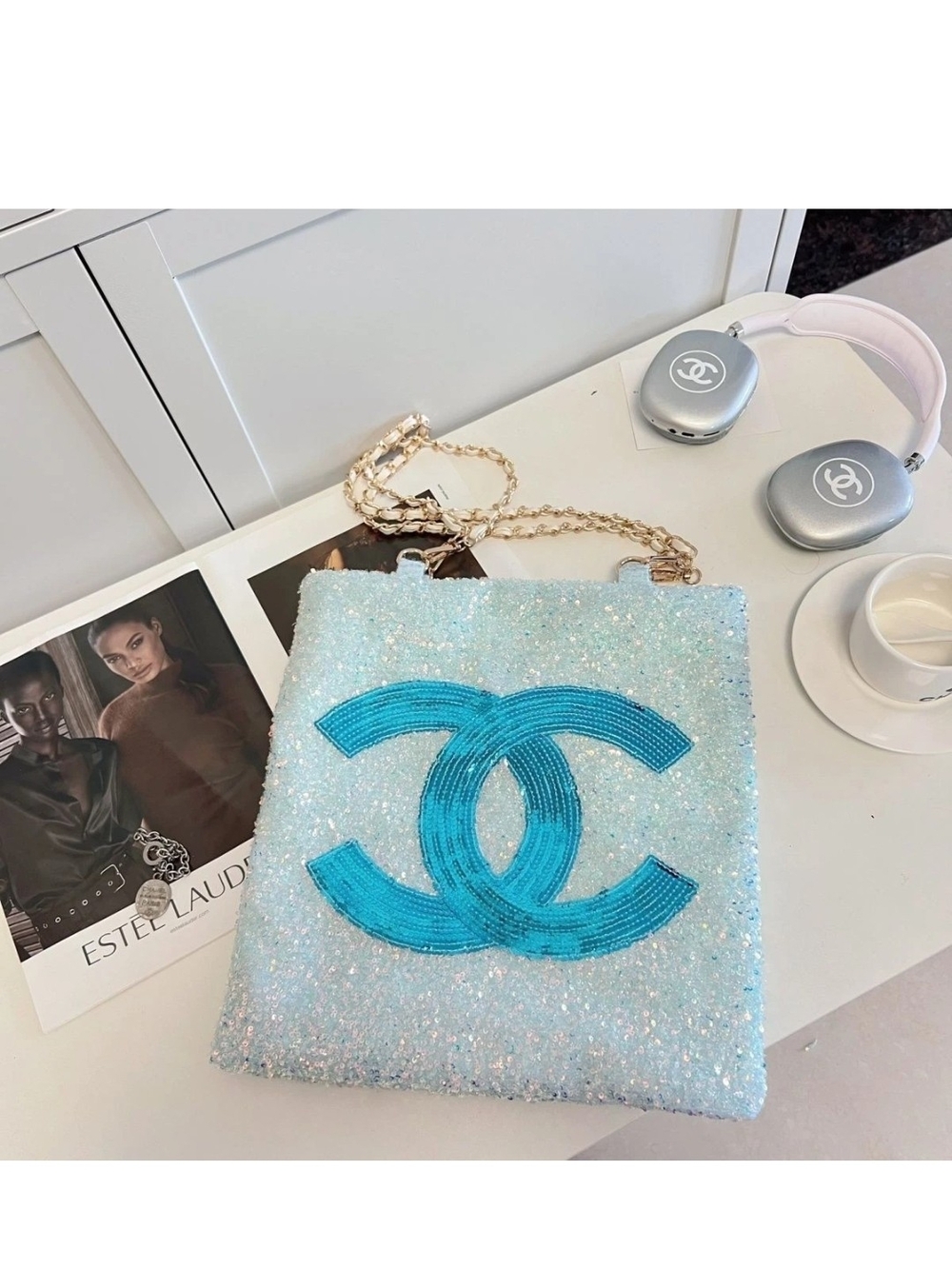 New CC Sparkling Light Blue Sequin Bag with Turquoise CC Logo/Limited Edition